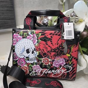 Ed Hardy Tote / Crossbody Bag Sparkling Skull Flowers on BlackBrand new